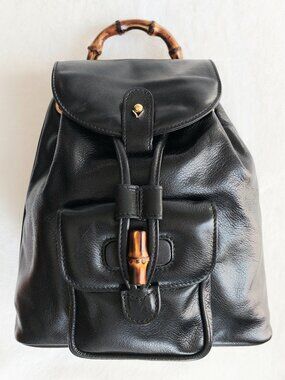 VTG Gucci Black Calfskin Bamboo Mini Backpack w/Green Jacquard Lining 90s